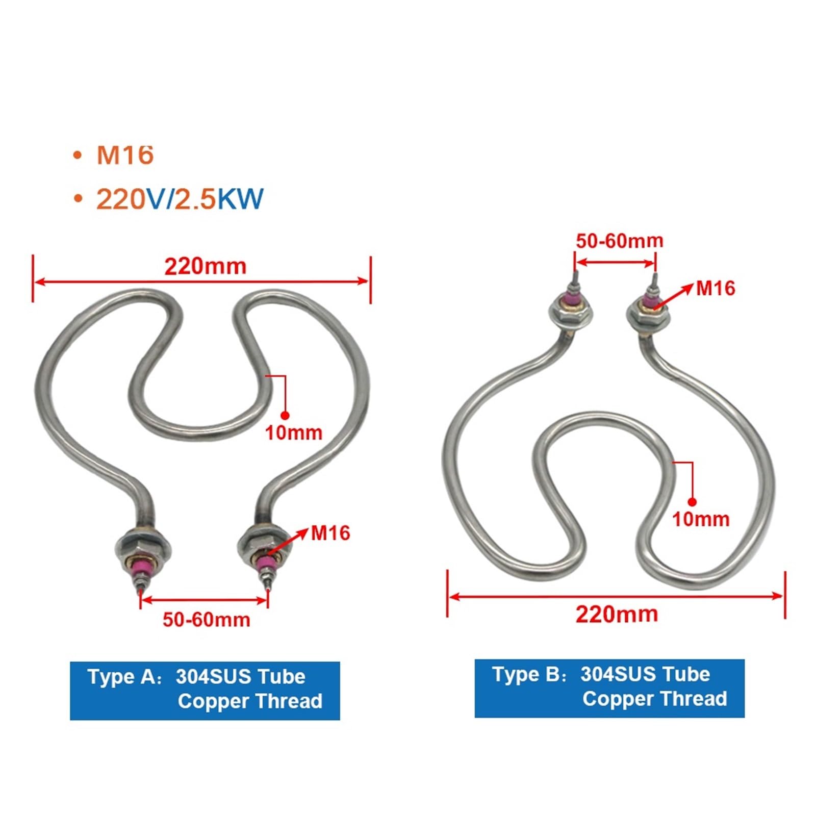 220 V 2500 W Spule Heizelement Eimer Edelstahl Elektrische Teile Wärme Rohre 1 Stücke(Type D Bend Head)