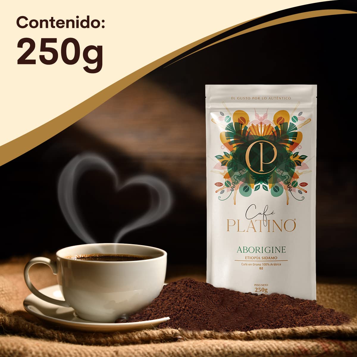 Café Platino Aborigine - Café Molido de Etiopía Sidamo Tostado 250g - 100% Arábica G2