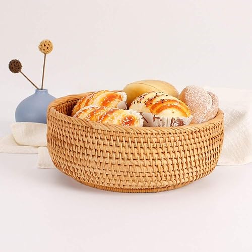Miniatura 10 de amololo Hadewoven - Cesta redonda de ratán para frutas, bandeja de mimbre para alimentos, soporte de almacenamiento para comedor, bandeja pequeña de