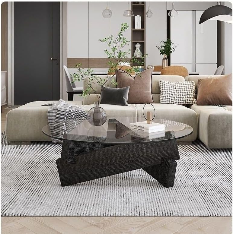 Miniatura 8 de Mesa auxiliar redonda de vidrio con patas de madera maciza para sala de estar (patas de nogal+vidrio gris)