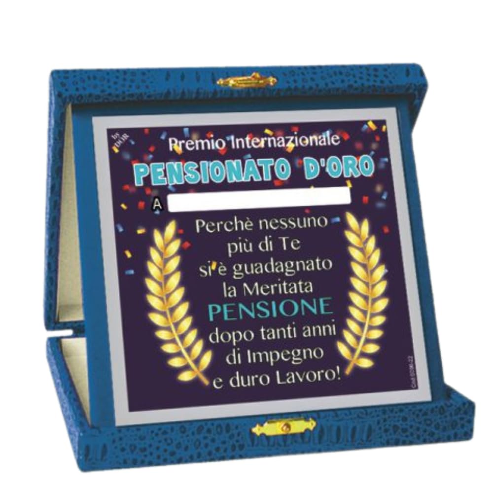 Ritria Store - Targa Premio Neo Pensionato - “Pensionato d’Oro” – Idea Regalo Divertente per Pensionamento Uomo – Gadget Simpatico con Dedicato Cartoncino Plastificato e Scatola Blu 16x16 cm