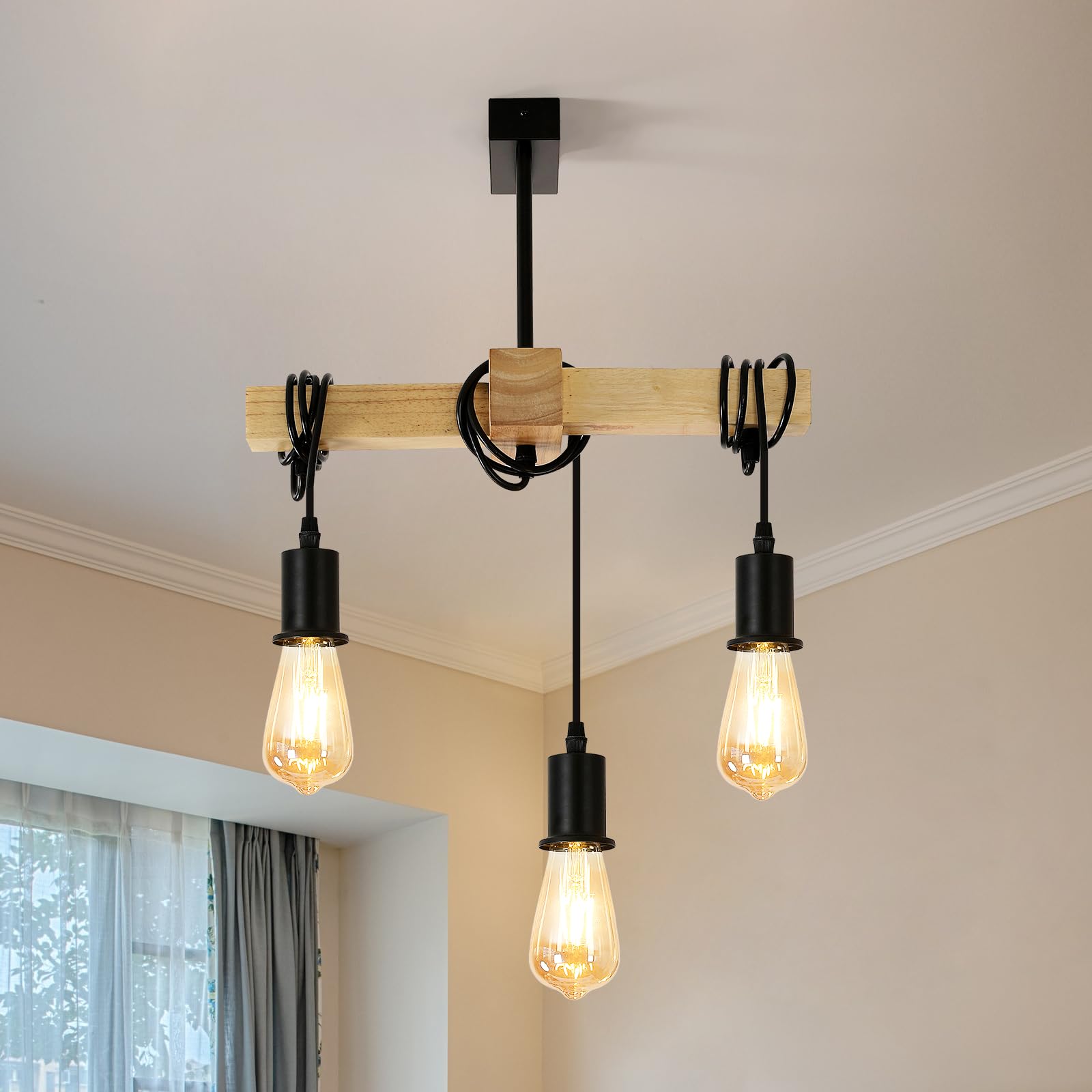 Pheashine Lámpara Colgante Vintage, Lámparas de Techo Madera, Ajustable Lámpara de Techo Colgante Retro E27 para Cocina, Comedor, Salon, Cafetería, Negro