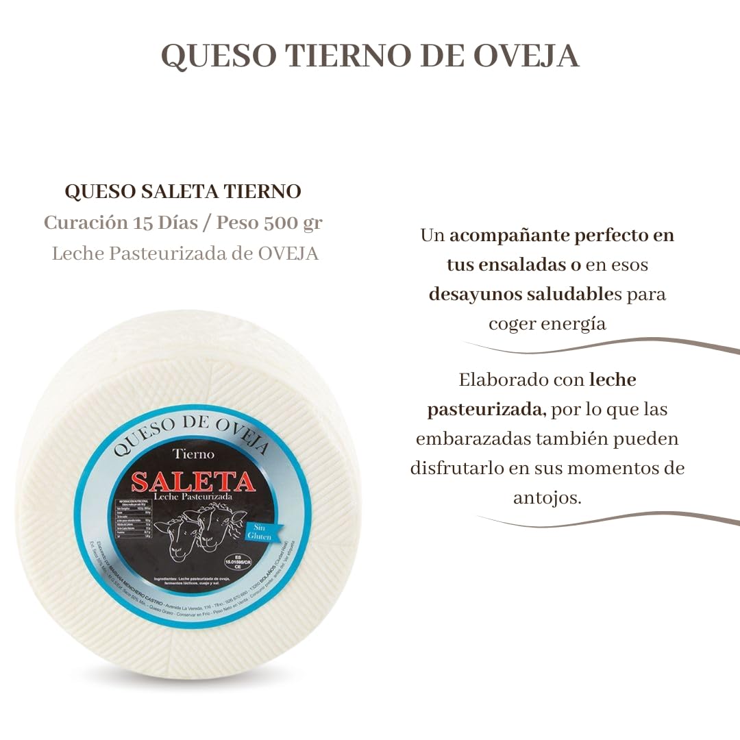 SALETA® Queso Artesano Tierno de Oveja Entero Gourmet (0,5Kg) | Sin Conservantes ni Aditivos | Queso Pasteurizado | Leche Pasteurizada de oveja, cuajo y sal