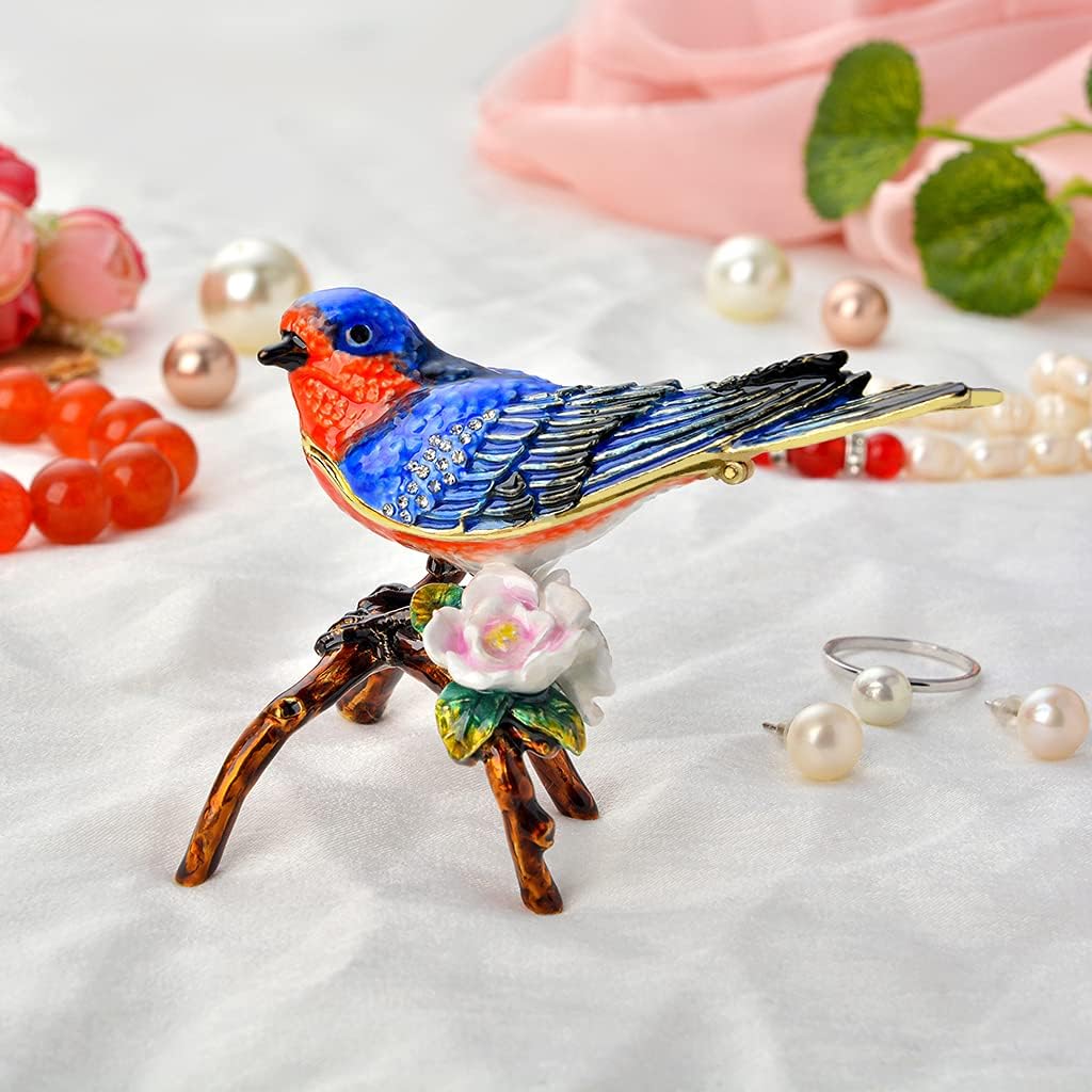 Golden Jeweled Enameled Bluebird Jewelry Box, Hand-Painted Hinged Eastern Bluebird Trinket Box, Elegant Home Décor & Unique Gift for Bird Lovers
