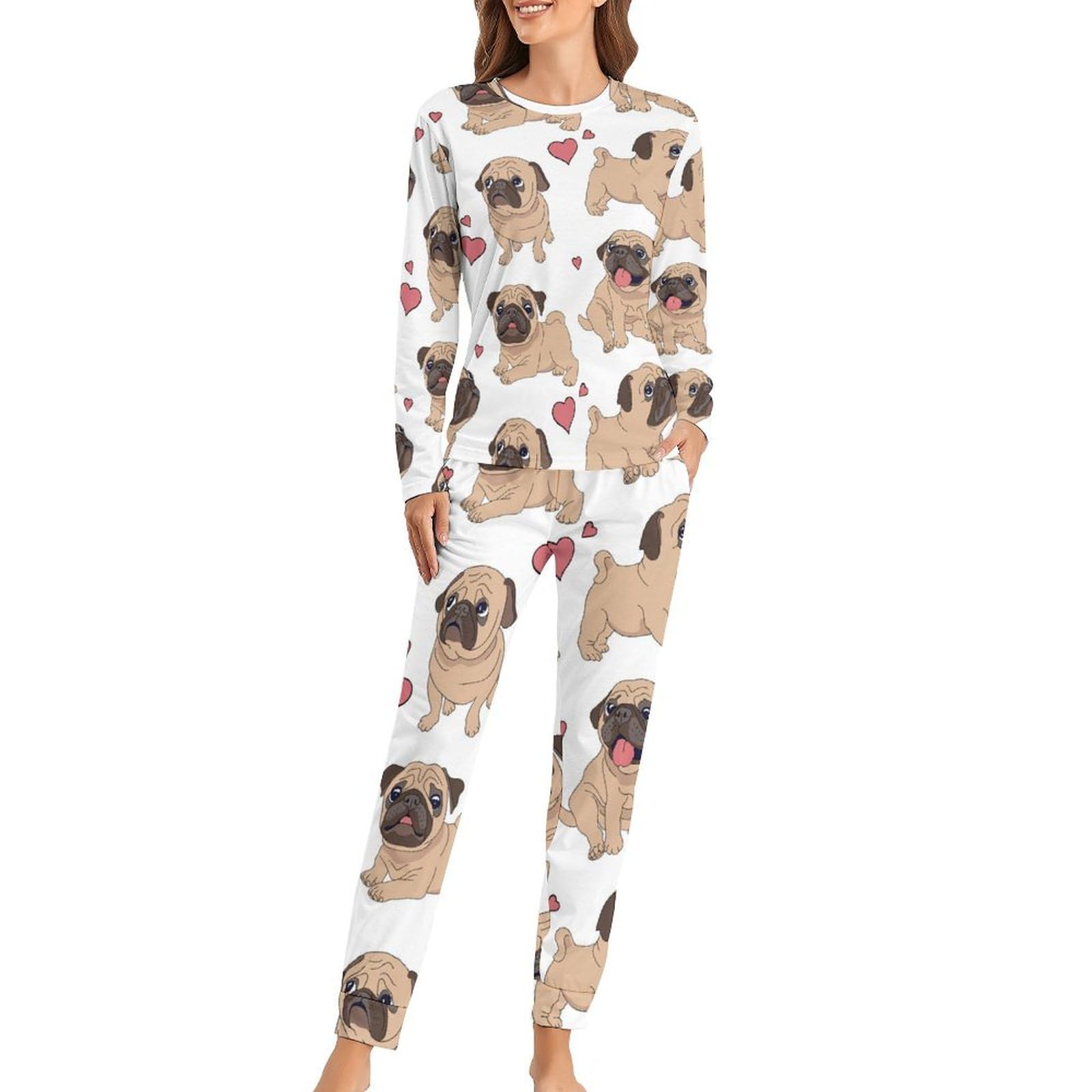 Weiß Braun Mops Damen Schlafanzug Lange Pyjama Set Zweiteiliger Nachtwäsche Langarm Hausanzug Sleepwear