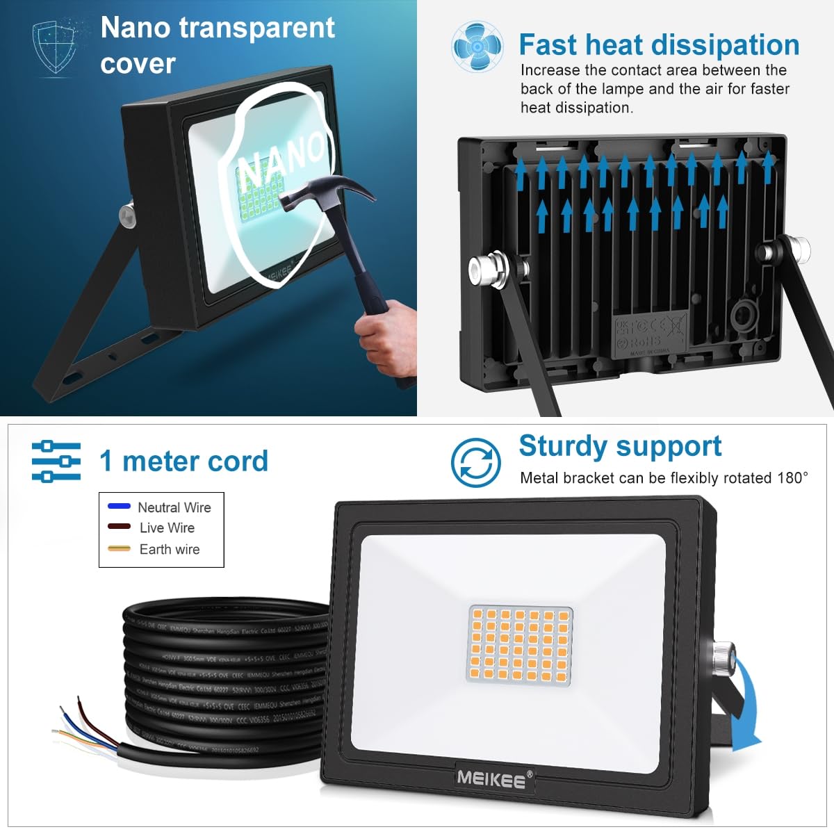 MEIKEE Faretto LED da Esterno, 35W, 3000LM, Faretti a LED per Esterni Impermeabile IP66, Potenti luci 42 LED Interna ed Esterna 2700K Bianco Caldo Per Giardino Cortile Garage Piazza - 2 Pezzi