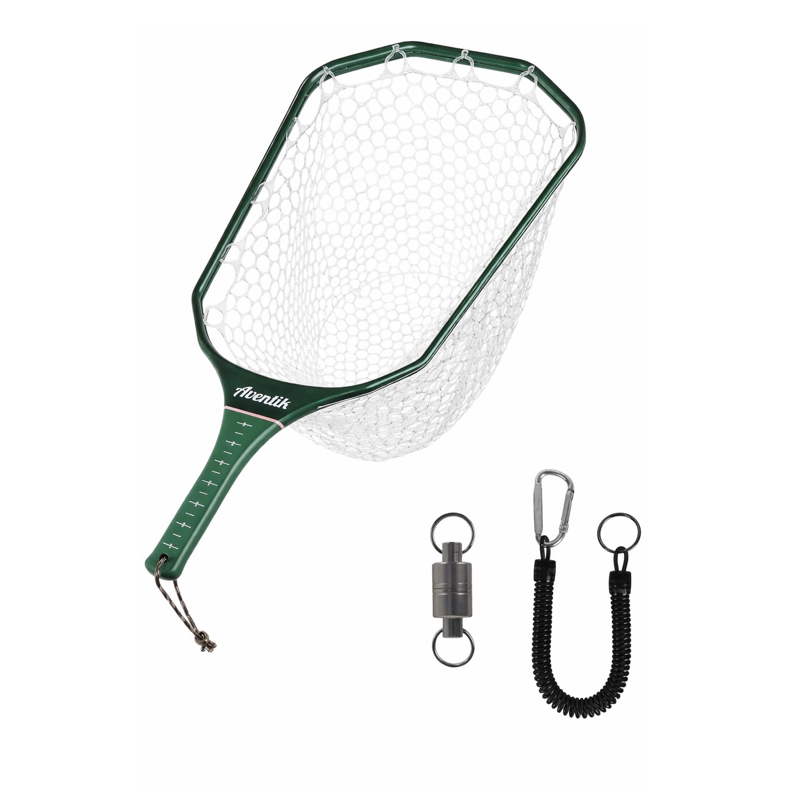 Aventik Floating Fly Fishing Net Carbon Fiber Square Landing Net with Accurate Measuring Handle Clear Rubber Ghost Mesh for Professional Trout Fishing Catch & Release