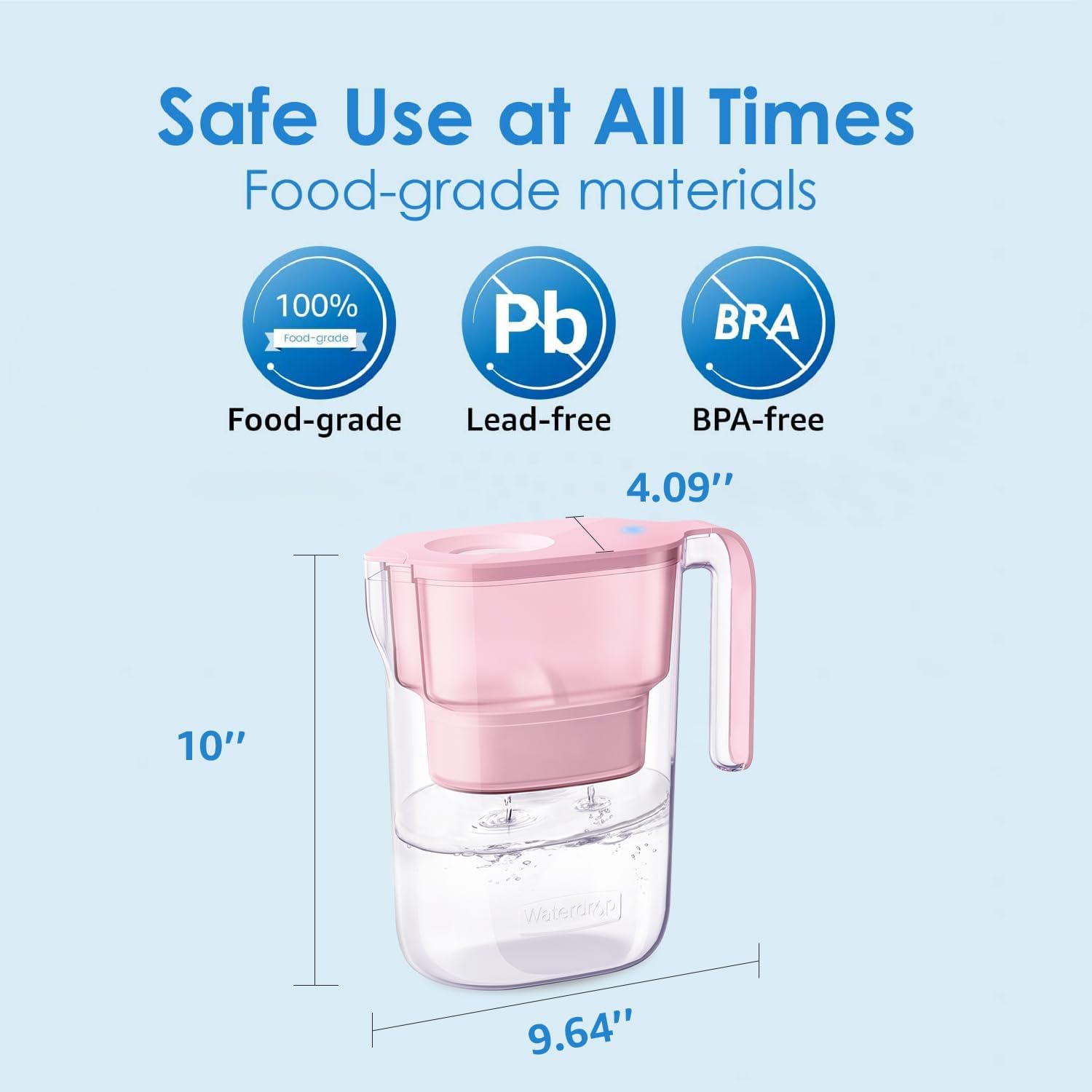 Waterdrop Water Filter Pitcher with 4 Filters, 5X Times Lifetime, Lasts 200 Gallons, for Fridge and Kitchen, Reduces PFOA/PFOS, Chlorine, 7-Cup Capacity, Elfin, Pink
