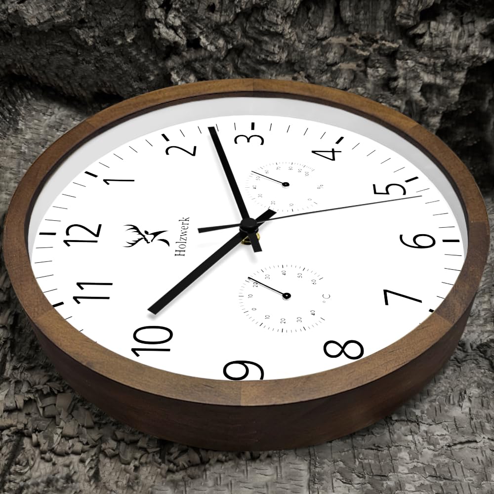 Holzwerk WEGBERG Wanduhr mit Temperaturanzeige und Hygrometer Feuchtigkeitsmesser Holz-Uhr lautloses Uhrwerk ohne Tickgeräusche Braun Buche Weiß lautlos Massivholz Natur Holz 30 cm (.HW.Braun.)