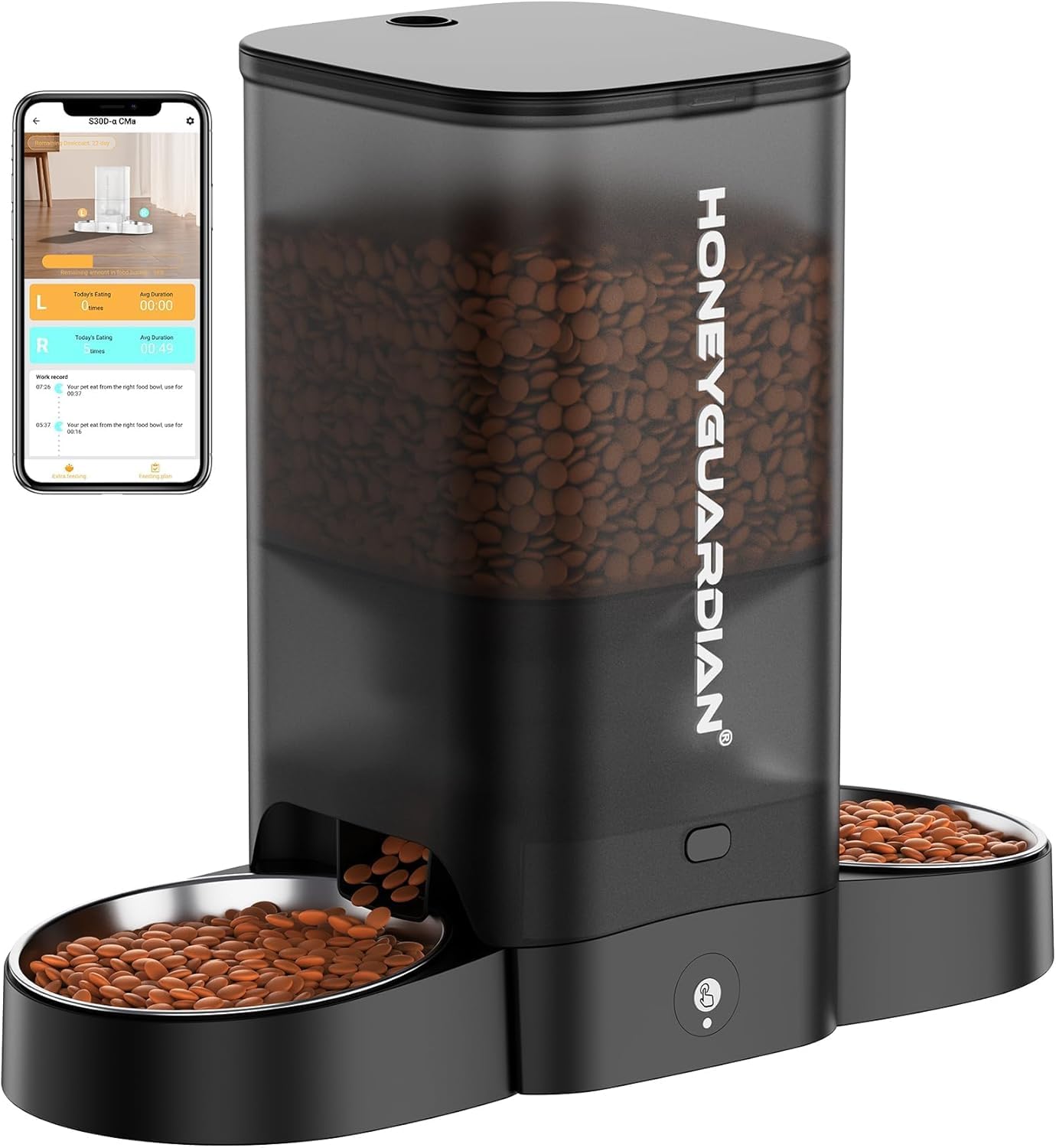 HoneyGuaridan 5L Distributore Automatico Cibo Gatti Adatto a Due Gatti, Dispenser Crocchette Gatto Con 2.4G/5G WiFi, Programmabile 6 Pasti al Giorno, Registrazione Vocale 10s, Doppia Alimentazione