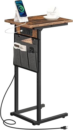 Miniatura 1 de HOOBRO Mesa auxiliar en forma de C con estación de carga, mesa deslizante debajo del sofá, mesa auxiliar de 27.8 pulgadas de alto para brazo de sofá