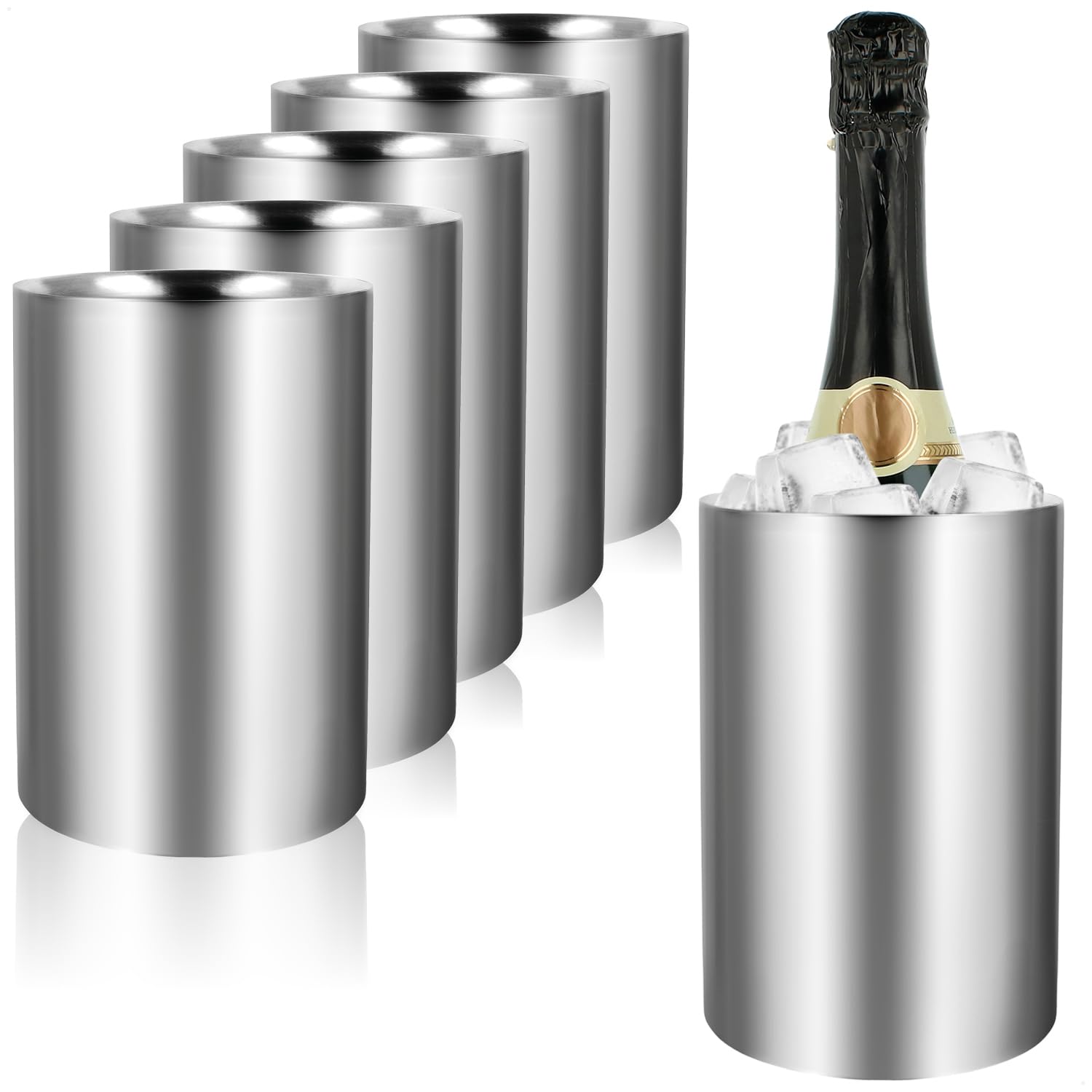 com-four® 6x Flaschenkühler - Sektkühler in matt - Eiswürfelkübel aus Edelstahl - doppelwandiger Weinkühler - Eiswürfelkühler mit 10,5 cm Innendurchmesser (6 Stück - silberfarben/matt)
