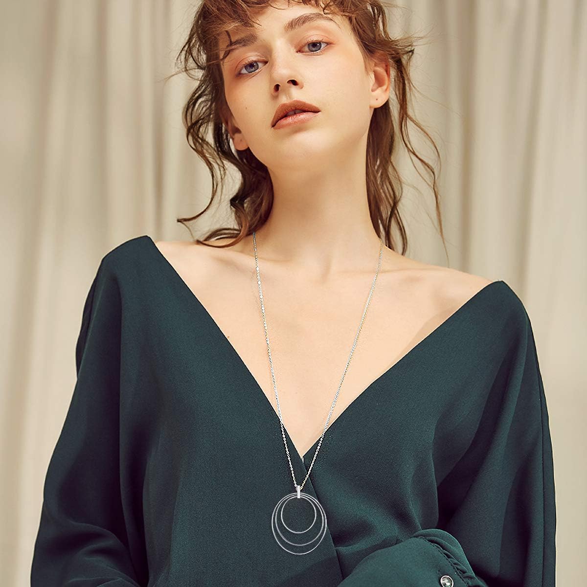 Alphm Long Chain Necklace S925 Sterling Silver 3 Circle Large Pendant for Sweater Women Statement Jewelry - Image 2