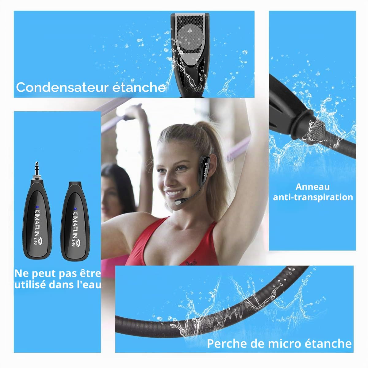 KIMAFUN Microphone Fitness Serre-tête sans Fil 2.4G, Micro sans Fil Imperméable et Anti-Sueur pour Instructeur de Fitness, Yoga, Pilates, Spinning, PA, Haut-Parleur, G100-1