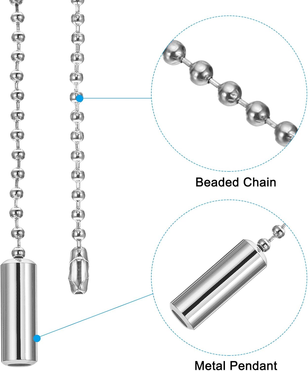 PATIKIL 1M 3.3ft Ceiling Fan Pull Chain, 4 Pcs Beaded Pulls Cord Extender Cylinder Pendant for Fan Light Chandelier Table Lamp Pulling Switch, Silver Tone image 3 of 6 B0D8GLTPHV