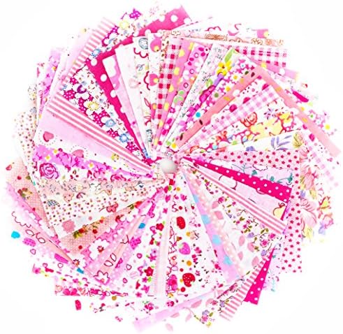RayLineDo® 50pcs 10 * 10cm Different Pattern Patchwork Fabric Craft Printed Cotton Material Mixed Squares Bundle Quilting Scrapbooking Sewing Artcraft DIY Fabric Pink Series
