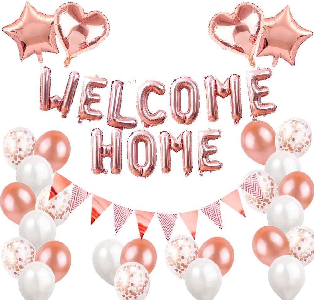 Mannli Welcome Home, Letter Balloon Banner Bunting Triangular Bunting Happy New Home with Heart and Star Sequin Balloons for Home Family Party Decorations