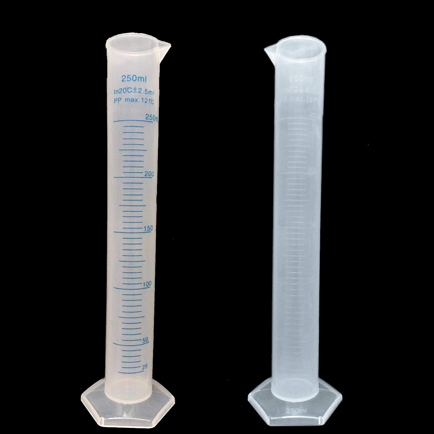 Plastikowy cylinder stopniowany 10 ml/25 ml/50 ml/100 ml/250 ml/500 ml/1000 ml 2-stronny znak niebieski i podniesiony zestaw 7