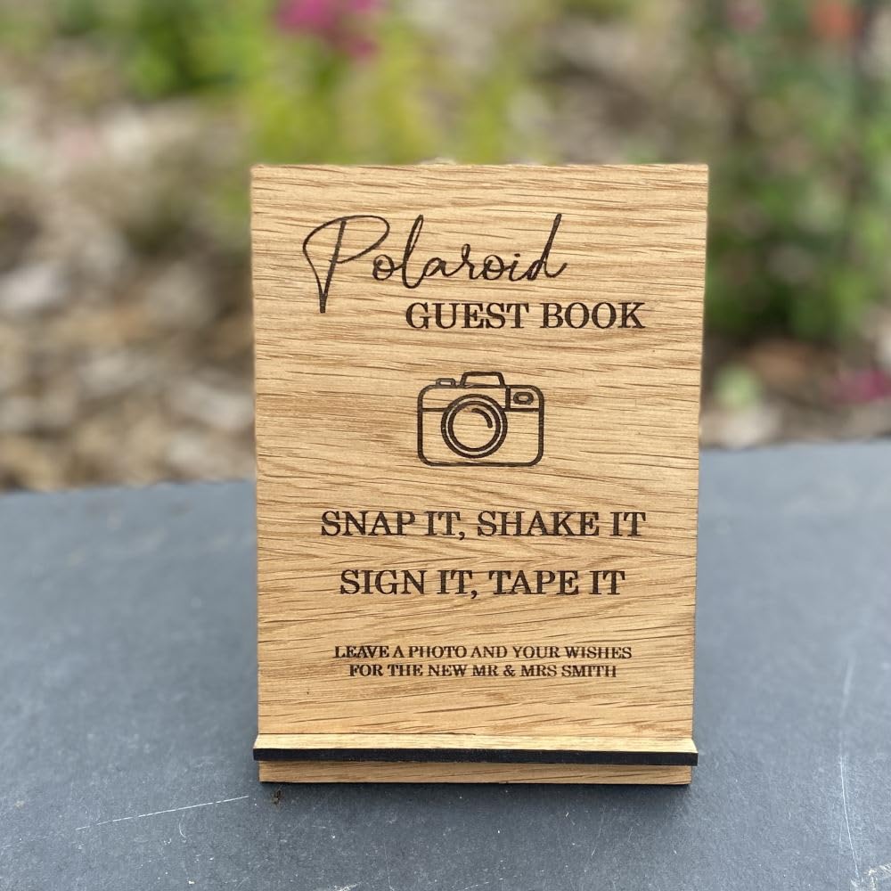 Luck And Luck Brown Personalised Wedding Guest Book Sign, Polaroid Photo Camera Table Sign, Photo Wedding Guest Book Decoration, Wooden Oak Veneer Sign