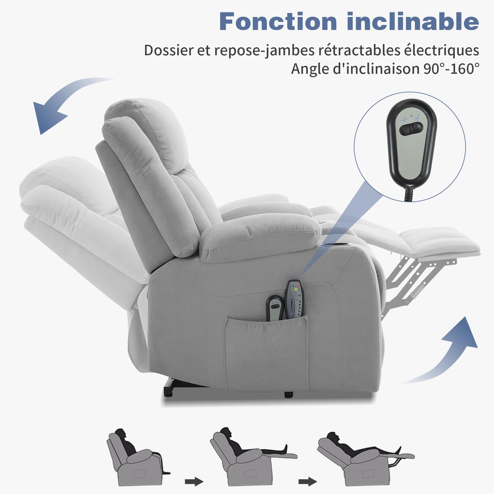 LEADZM - Silla elevadora eléctrica, silla de relax eléctrica, con función de masaje y calor, inclinación ajustable, sillón relajante con reposapiés, mandos a distancia