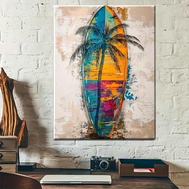 BMGKYAGL Tropical Beach Wall Art - Abstract Surfboard & Palm Tree Painting w kolorze Bold Blue, Orange, Yellow Canvas Poster(30 x 45 cm / rama wewnętrzna)