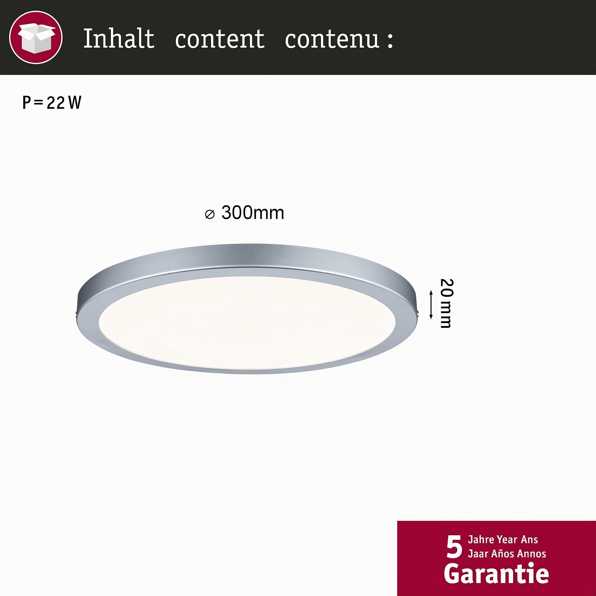 Paulmann 70865 Panel de superficie LED Atria redondo plafón 22 W luz 2700 K blanco cálido panel LED cromo mate regulable para montaje en pared/techo