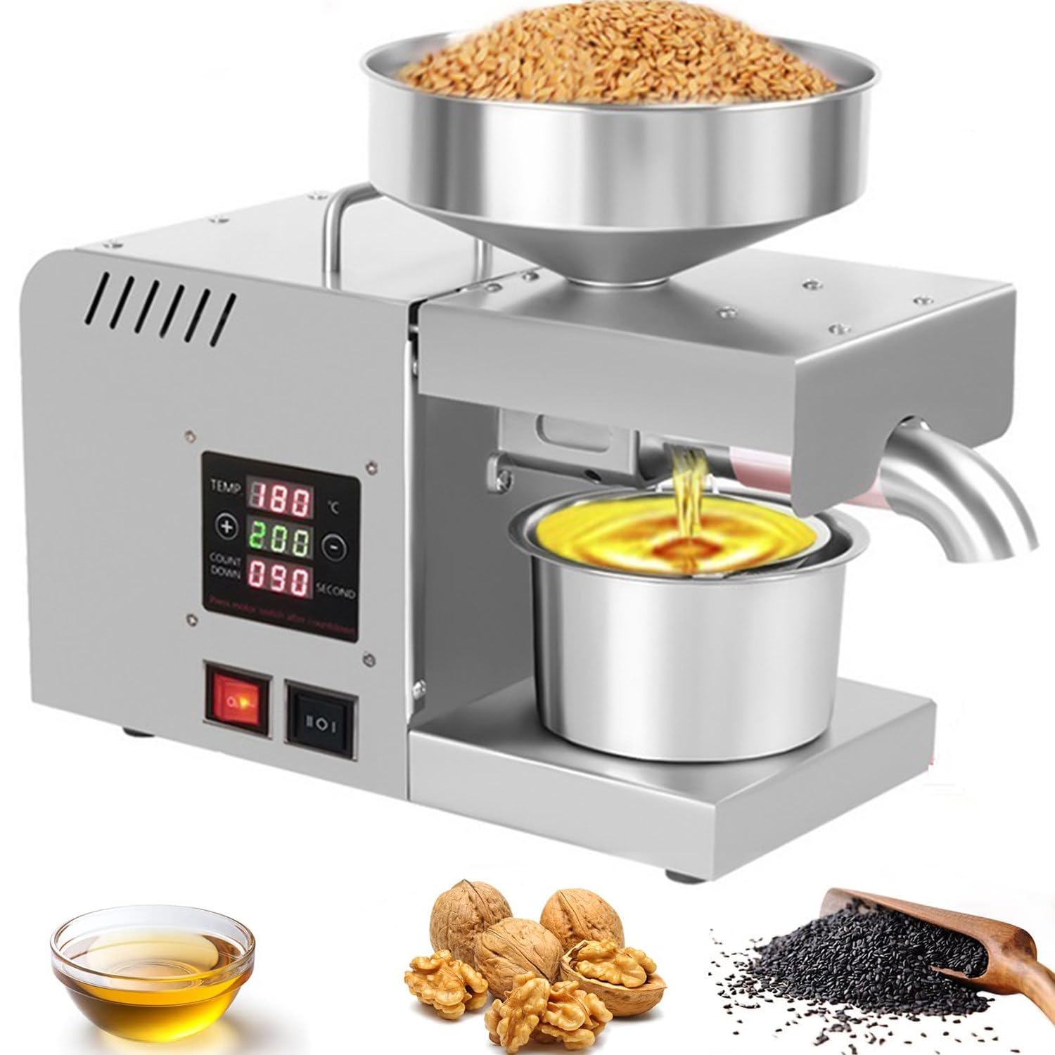 MYUYEE Organic Cold Hot Press Electric Oil Press Machine Stainless Steel Intelligent Oil Mill For Commercial & Home Kitchen 610W Seed Oil Extractor ()
