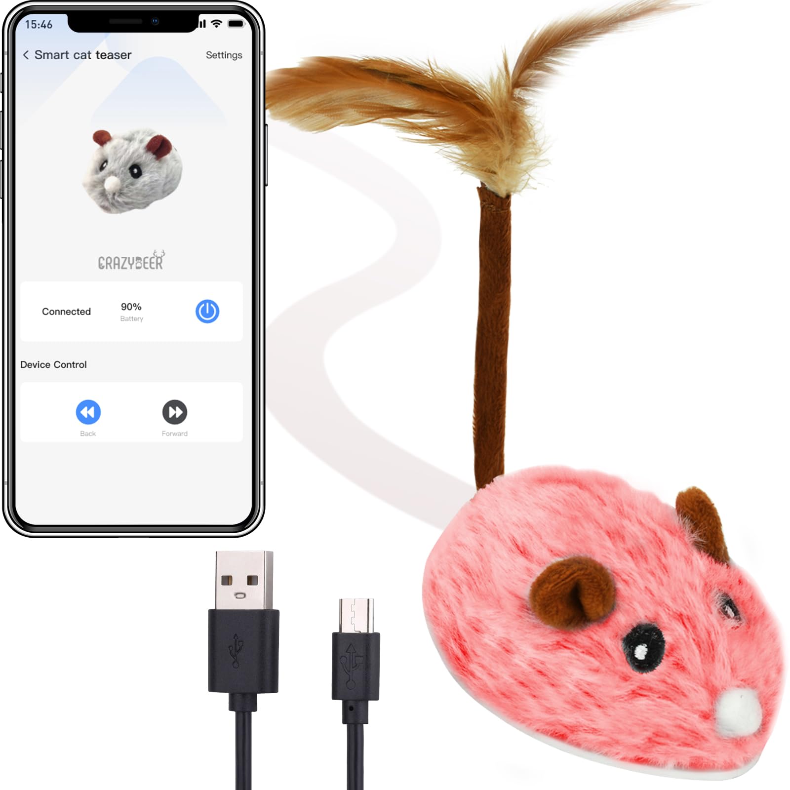 APP & Bluetooth Remote Control Cat Toy - Auto Moving, USB Rechargeable Interactive Mouse Toy for Indoor Cats - Red