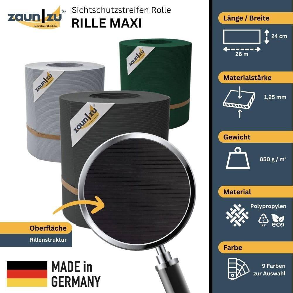 Rille Maxi 26 Meter x 24 cm gerillt auf Rolle | Sichtschutzstreifen PP für Doppelstabmatten UV-beständiger Sichtschutz | Zaunblende Made in Germany Anthrazit 26m