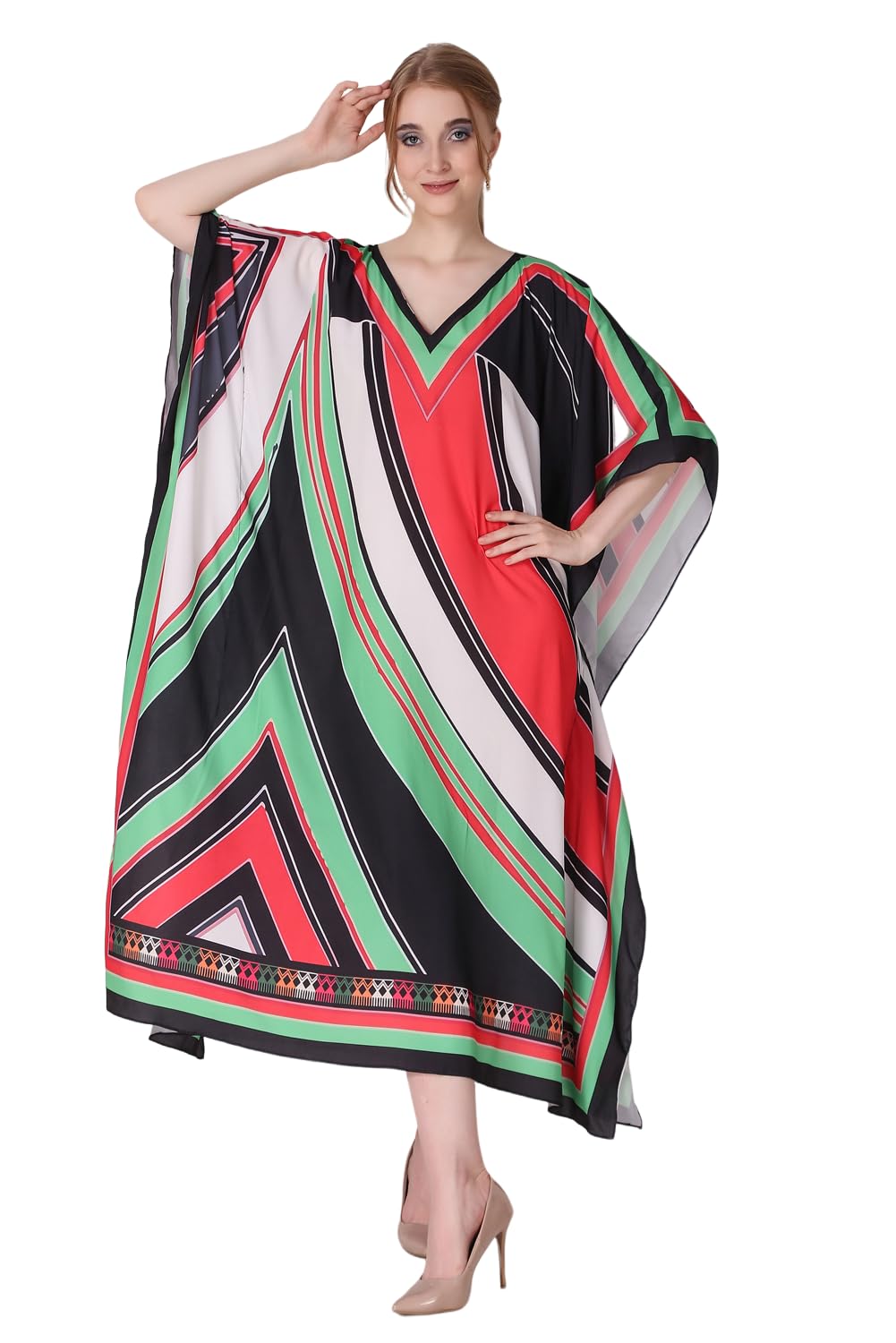 dressprinted Dynamic Stripes Elegance Printed Crepe Maxi Length Long Kaftan Dress for Women Multicolor Freesize-picture-28
