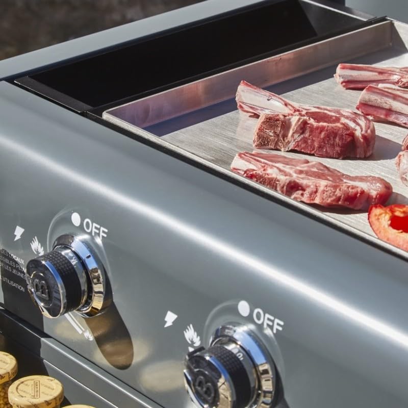 BRASERO - Plancha Lola à gaz sur chariot équipé Gun Metal - 4 brûleurs à gaz - jusqu'à 14 convives - Surface de cuisson 88 x 35,5 cm - 9,6 kW - Récupérateur de graisse