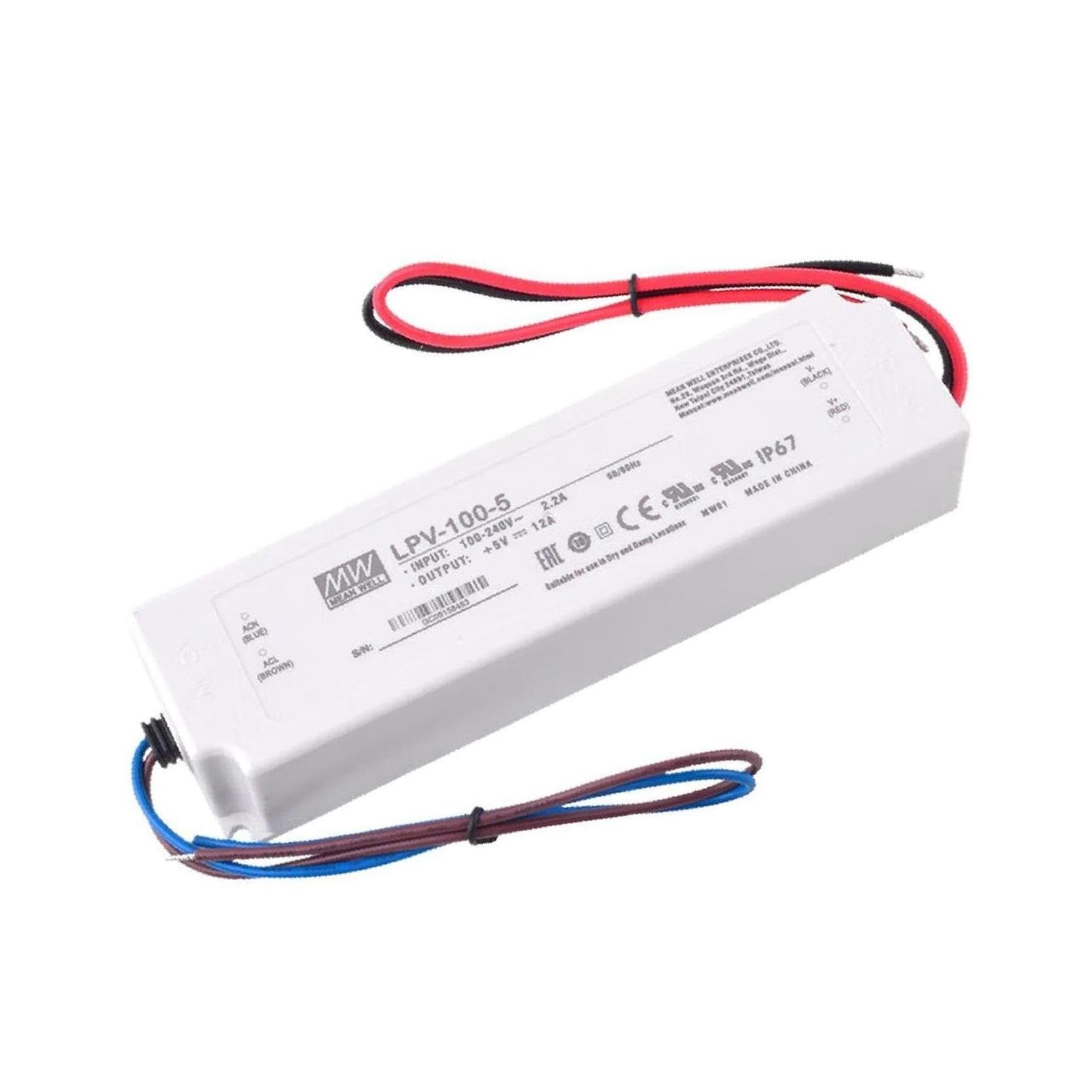 MEAN WELL LPV-100-5 LED Driver Enclosed Switching Power Supply, 5 Volts 12 Amps 60 Watts