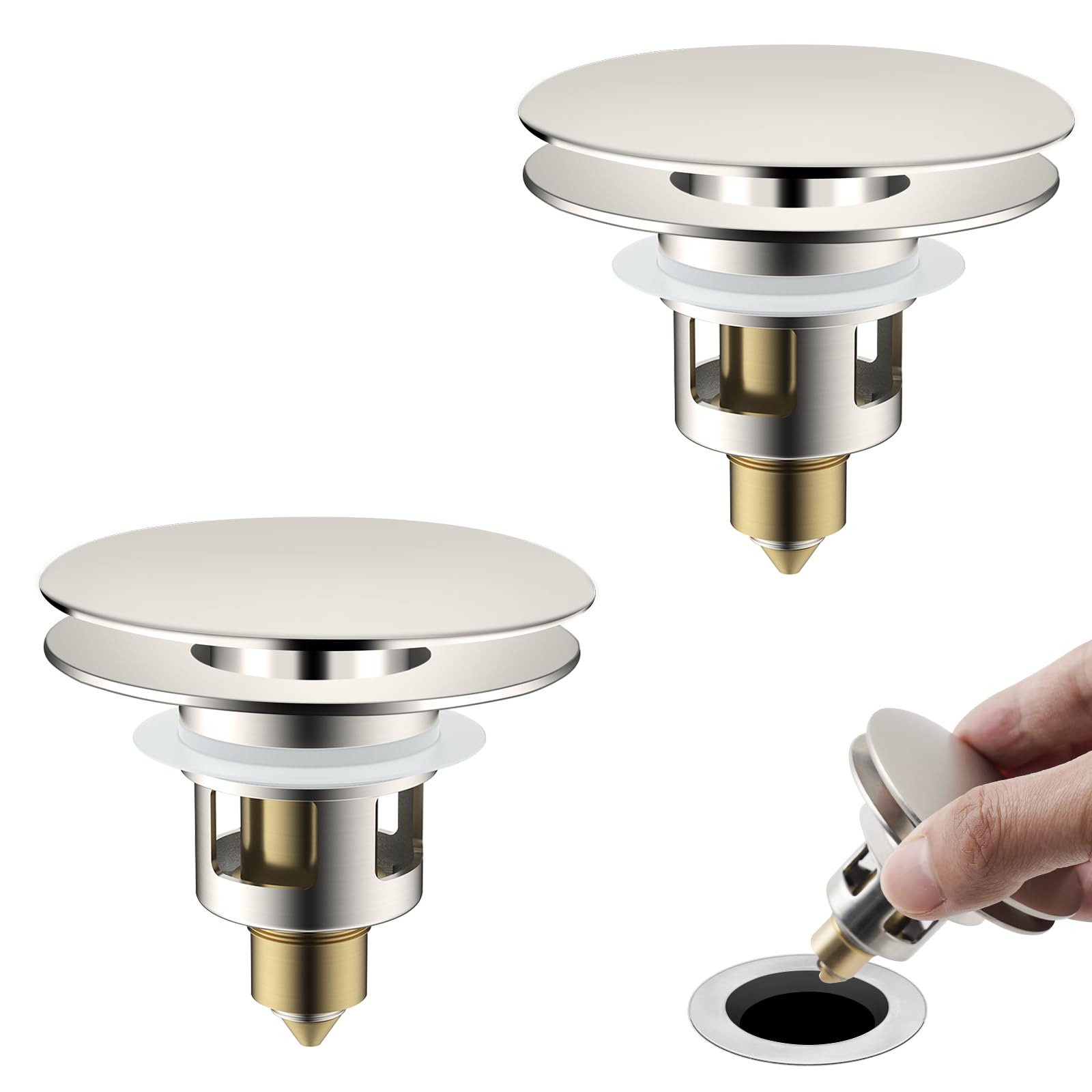 Universal Bathroom Sink Drain Stopper Strainer, 2PCS, Brushed Nickel