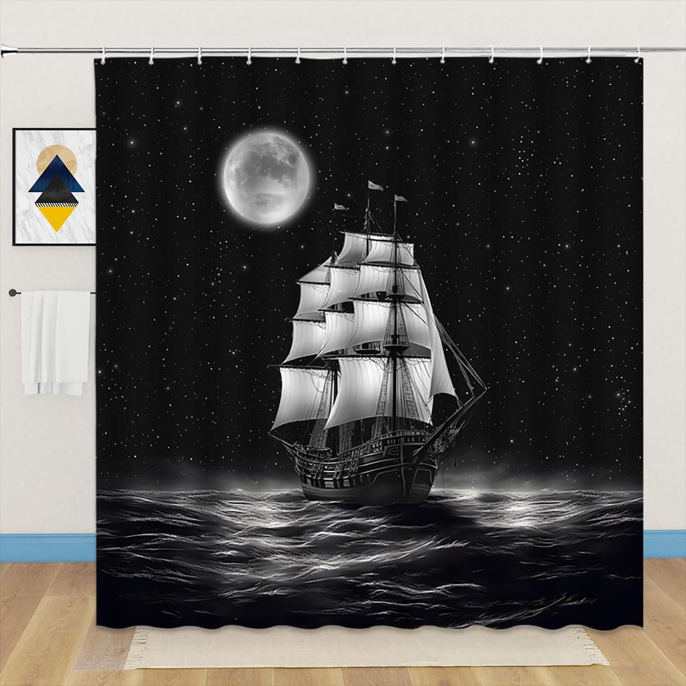 Piratenschiff Duschvorhang – Nautisches Design, 179x179 Cm, Polyester, Inkl. 12 Haken, Für Bad-Deko Abenteuer-Feeling