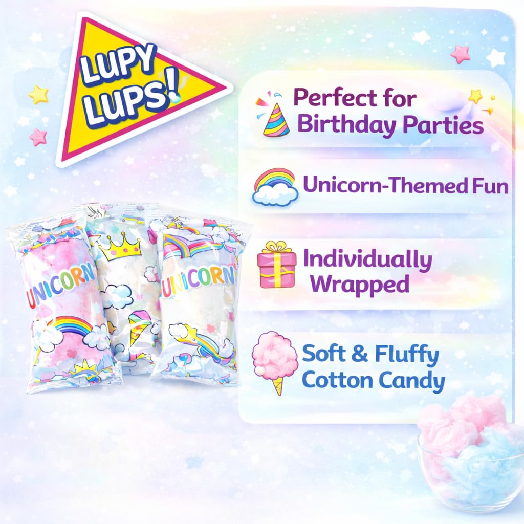 Cotton Candy Bulk – 24 Individually Wrapped Unicorn Cotton Candy Bags, Fluffy Assorted Flavors, Rainbow Party Favors for Birthdays, Pinatas & Candy Buffets
