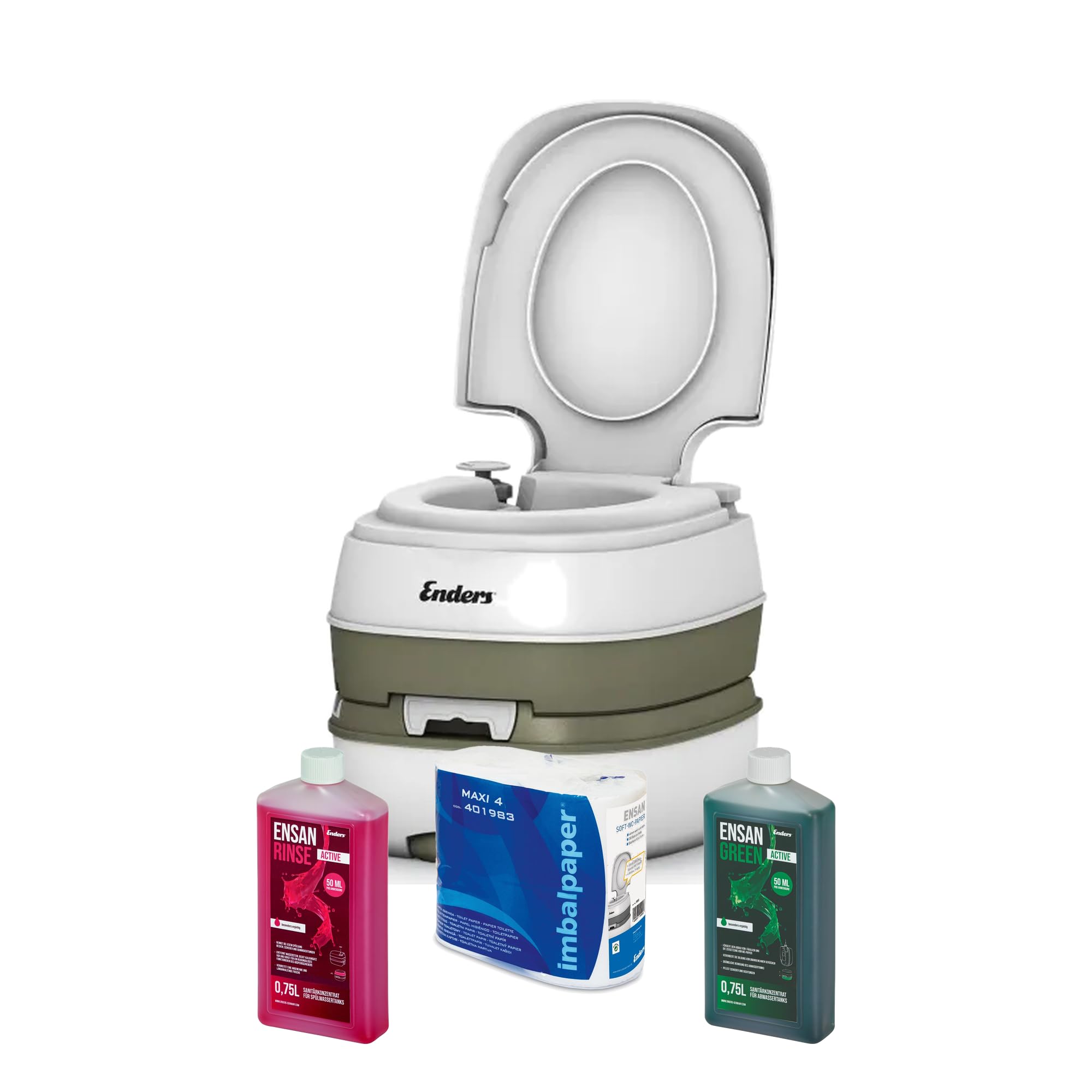 ENDERS © WC Chimique Portable - Kit de démarrage Green Deluxe | Produit additif et Papier toilette | Toilette Chimique de Camping | Camping car accessoires | Pot de chambre adulte et enfant