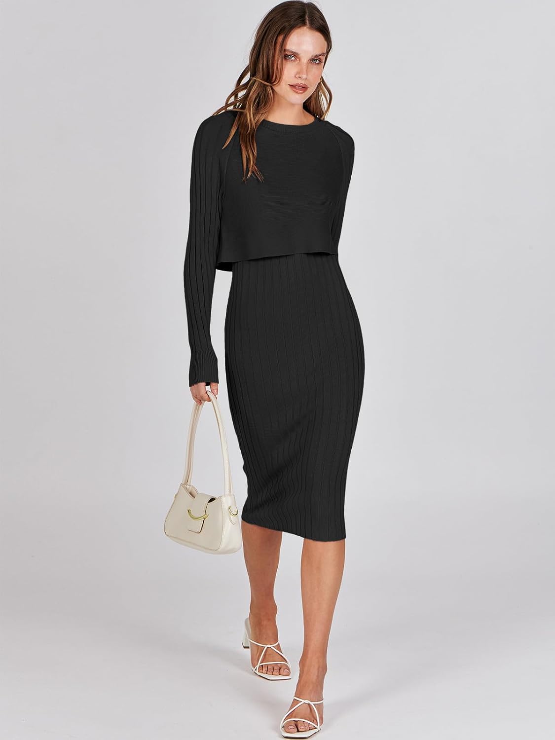 ANRABESS Womens 2 Piece Outfits Sweater Dresses Set Midi Skirt Sets Long Sleeve Crop Top Bodycon Ribbed Knit Dress 2025 Fall - Image 3