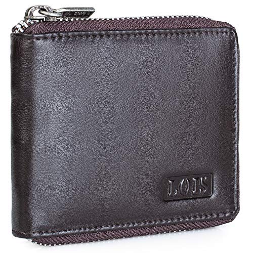 Preisvergleich Produktbild Lois - Brieftasche mit Reißverschluss aus echtem Leder für Männer Münzen Brieftaschenkartenhalter. ID-Karten und Brieftaschen. RFID-Schutz. Geschenkkarton. Qualität. 201309, Color Braun