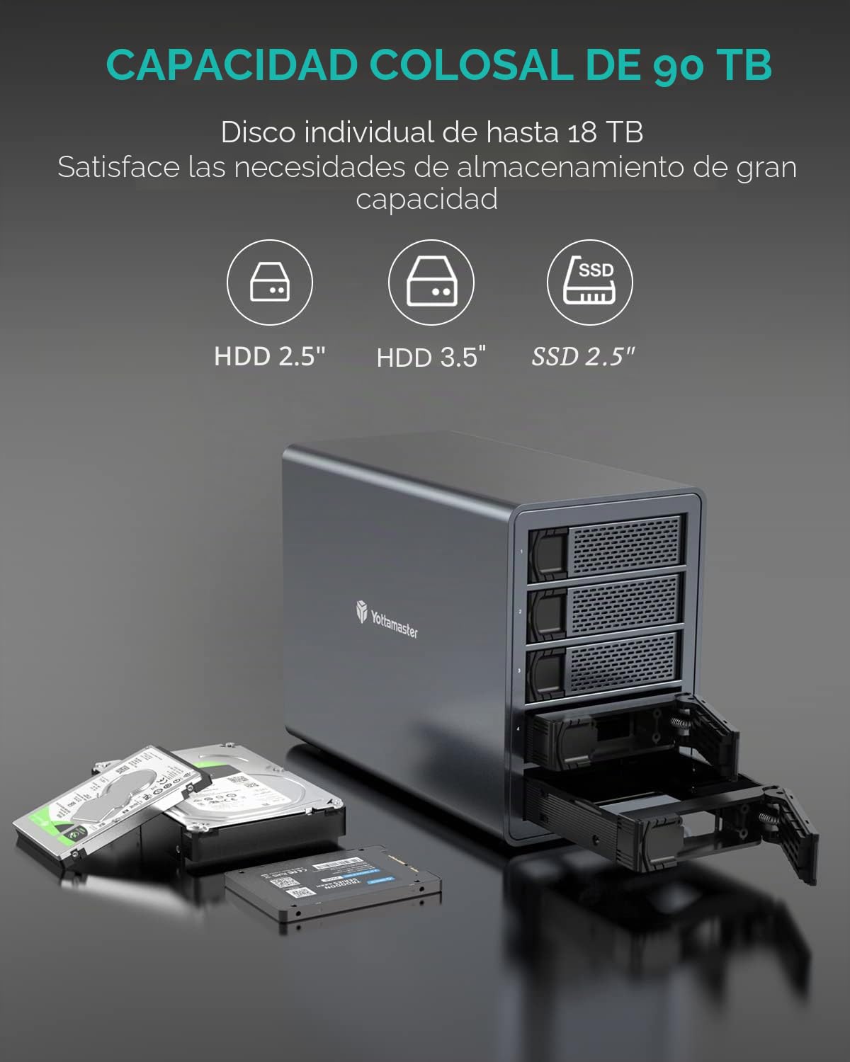 Yottamaster 5 Bahía Carcasa Disco Duro Raid, Aluminio Caja para 2.5"/3.5" SATA HDD/SSD, USB Type B 3.0 5Gbps Externo Carcasa Soporta 5 x 24TB Raid 0/1/3/5/10/JBOD/PM, Ventilador de 80mm