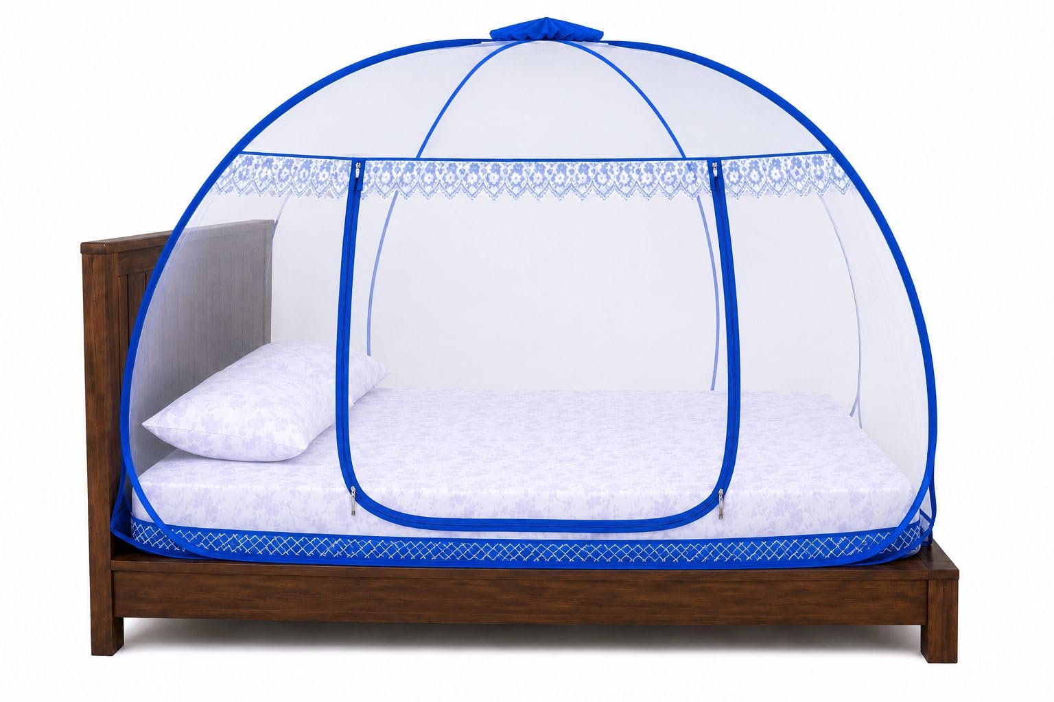 Pop-Up Dome Mosquito Net for Queen/Double Bed, Blue with White Border, Polyester Mesh, 200 x 150 cm, Freestanding Tent Style Canopy-picture-17