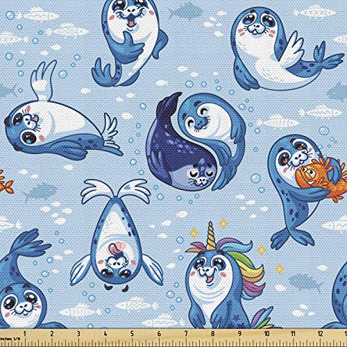 Image of Ambesonne Sea Animals Fabric by The Yard, Seal Pup Aquatic Wildlife Friendly Hugging Water Bubbles, Decorative Fabric for Upholstery and Home Accents, 3 Yards, Marigold White
