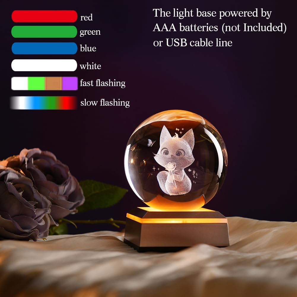 Cat Lover Gifts for Women 3D Cat Crystal Ball 3.15" Her Birthday Gift Night Light Decoration Holding Rose Stuff with Colorful Lighting Base