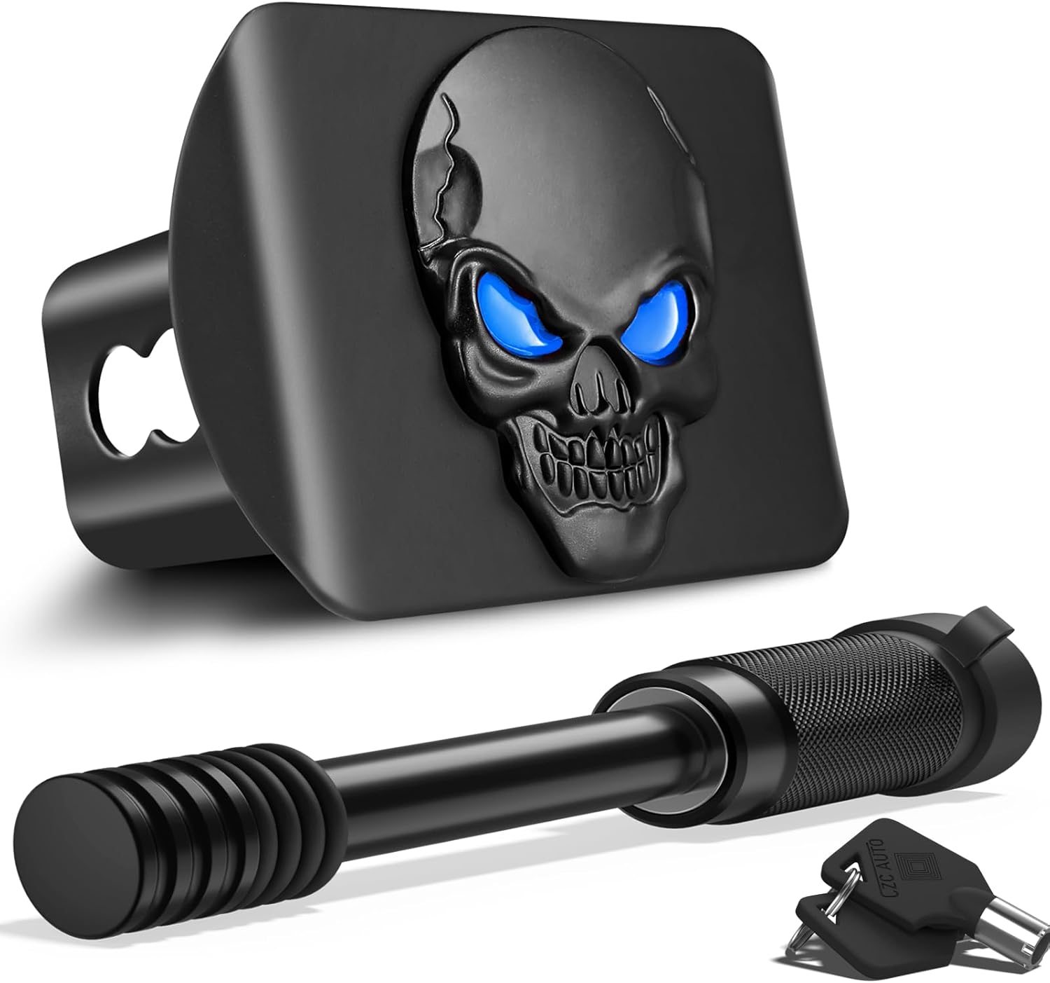 Metal Skull 3D Emblem Hitch Cover Fits 2" Receivers(with 5/8" Pin Dia Anti-Theft Trailer Hitch Lock,Blue Eye)