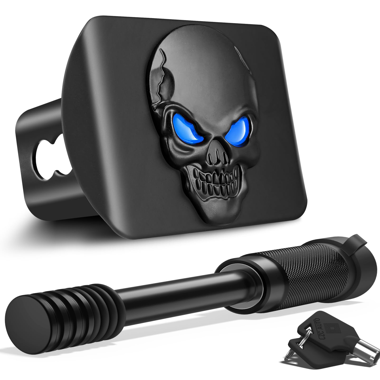 Metal Skull 3D Emblem Hitch Cover Fits 2" Receivers(with 5/8" Pin Dia Anti-Theft Trailer Hitch Lock,Blue Eye)