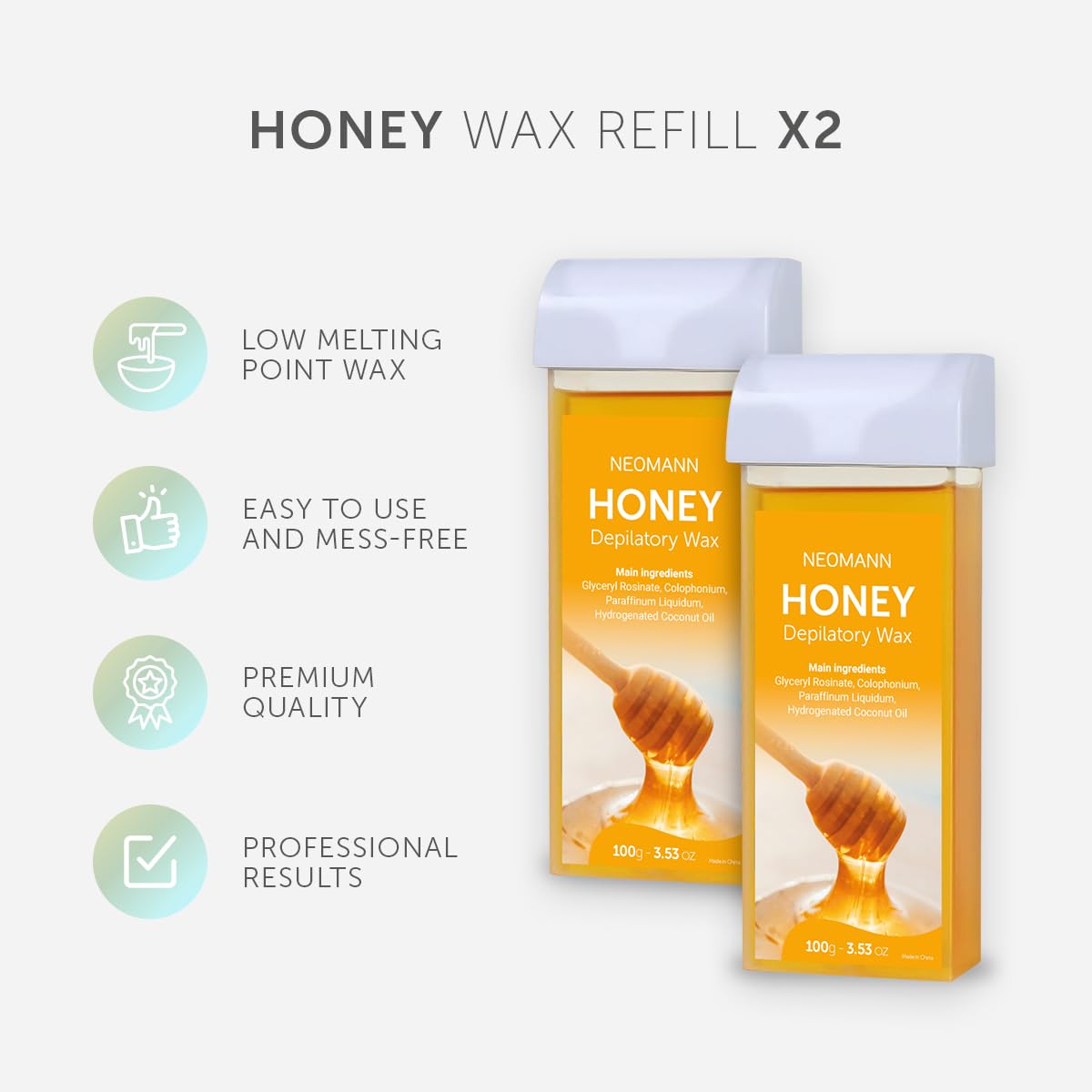 Wax-n'Roll - Set di depilazione Honey | scaldabagno Roll-On con 2 cartucce a forma di miele, 50 strisce di cera e 6 panni per la cura (nero) – qualità salone per la casa