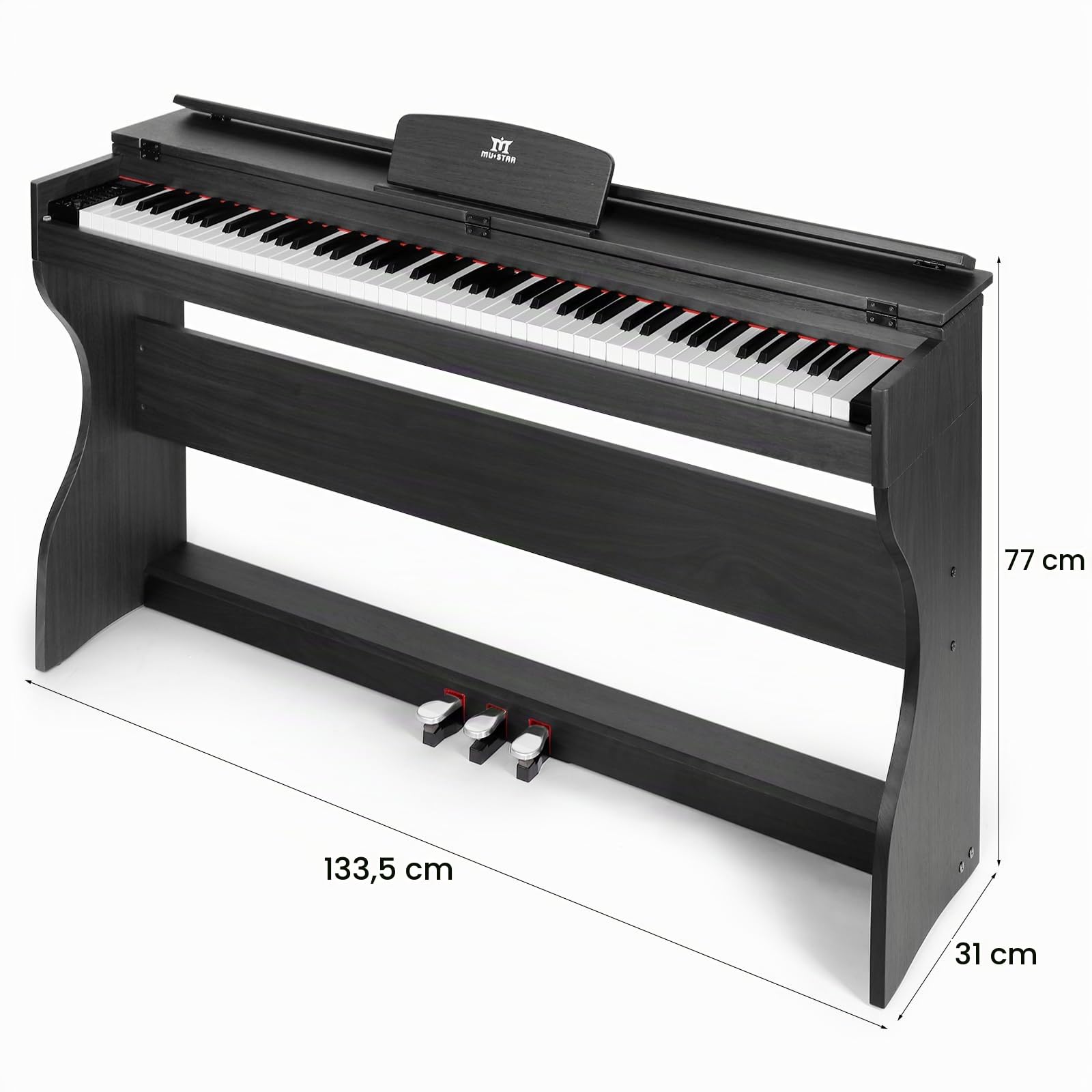 MUSTAR Piano E de 88 teclas, piano digital, piano eléctrico con soporte para piano, 3 adaptadores de pedales, 2 conectores para auriculares, pantalla LCD, USB/MIDI, piano para principiantes