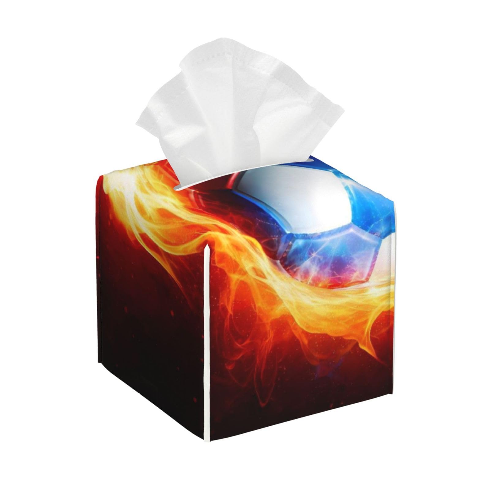 Cool Fire Flame Soccer Football Leather Tissue Box Cover Holder Square Facial Paper Organizer 5.2" X 5.2" X 5.2"