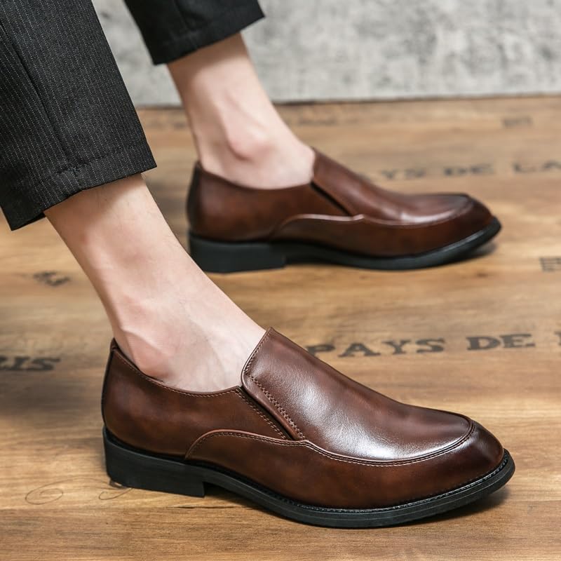 HOOENG Dress Oxford Shoes for Men Slip On Pointed Burnished Toe PU Leather Shoes Rubber Sole Block Heel Resistant Non Slip Anti-Slip Walking(Color:Brown,Size:10.5)3