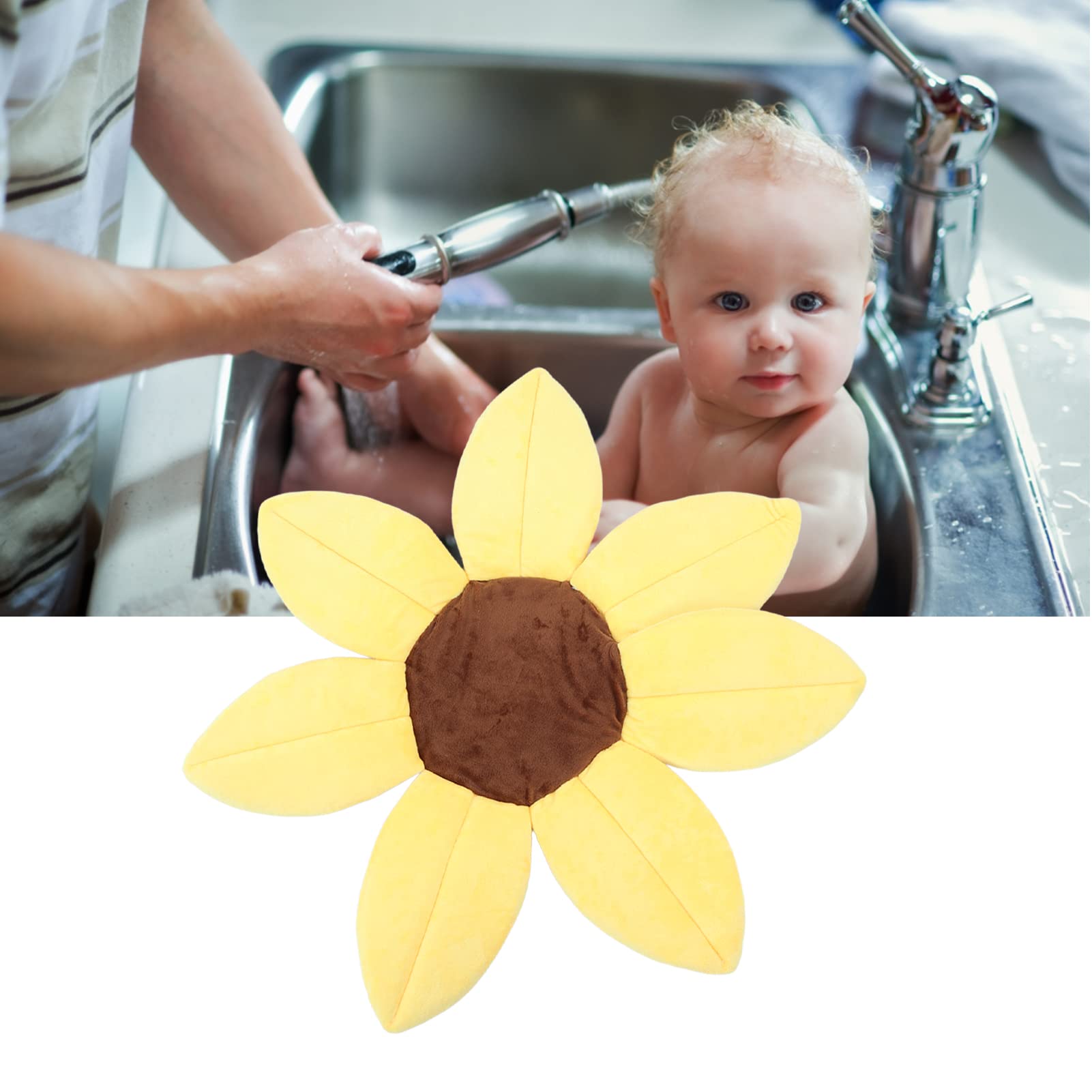 AMONIDA Badeblumen, Baby-Badepad in Sonnenblumenform, Gelb, Plüsch und Schwamm, Kopf- und Nackenstütze während des Badens, sicheres und bequemes Baden für Babys und Kleinkinder