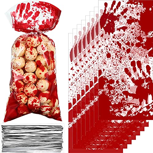 100 Pieces Halloween Bloody Treat Bags, Halloween Zombie Vampire Themed Cellophane Candy Goodie Bags with 100 Silver Twist Ties for Murder Bloody Theme Halloween Party Supplies, 10.8 x 5 Inch